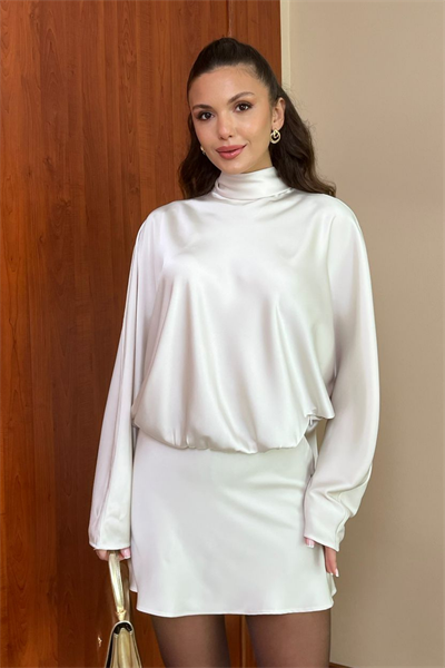 Saten Mini Elbise - KREM