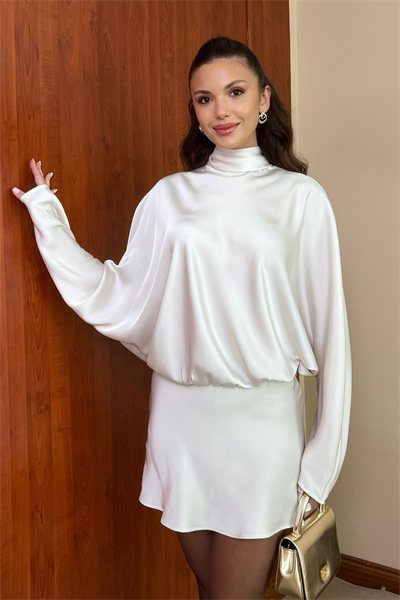Saten Mini Elbise - KREM