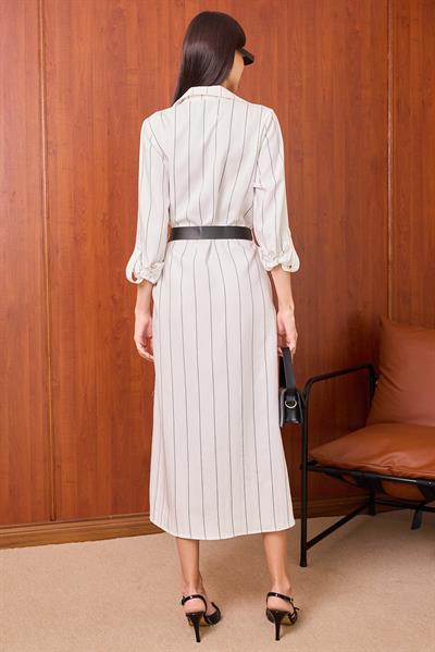 Şeritli Gömlek Elbise - BEYAZ