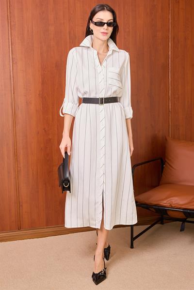 Şeritli Gömlek Elbise - BEYAZ
