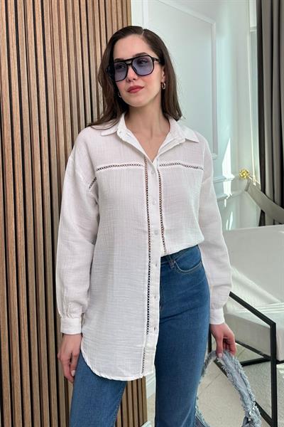 Oversize Şeritli Müslin Gömlek - BEYAZ