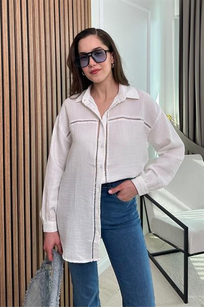 Oversize Şeritli Müslin Gömlek - BEYAZ