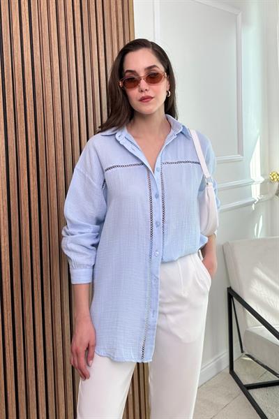 Oversize Şeritli Müslin Gömlek - MAVİ