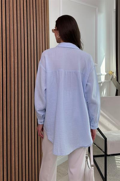Oversize Şeritli Müslin Gömlek - MAVİ