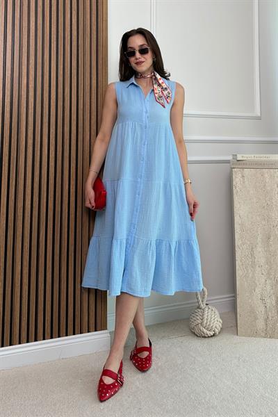 Sıfır Kollu Müslin Elbise - MAVİ