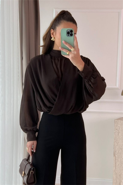 Şifon Crop Bluz - KAHVERENGİ