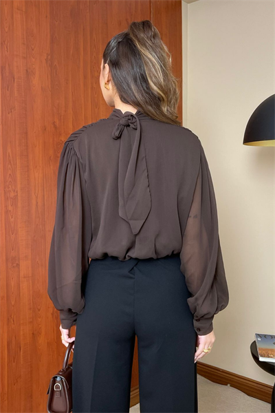 Şifon Crop Bluz - KAHVERENGİ