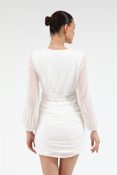 Şifon Drapeli Elbise - BEYAZ