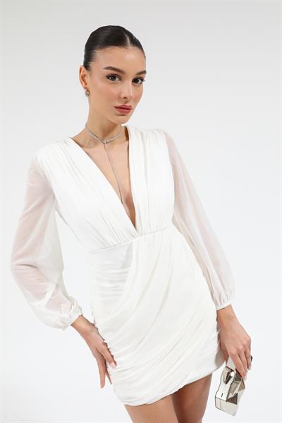 Şifon Drapeli Elbise - BEYAZ