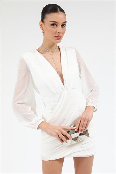 Şifon Drapeli Elbise - BEYAZ