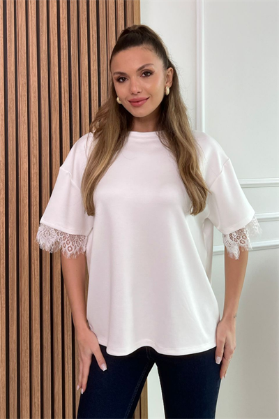 Sırt Dantel T-Shirt - BEYAZ