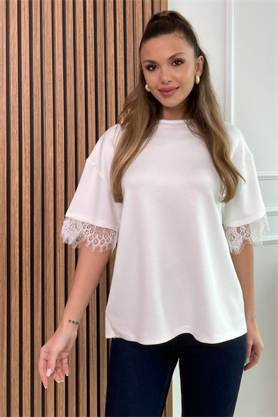 Sırt Dantel T-Shirt - BEYAZ