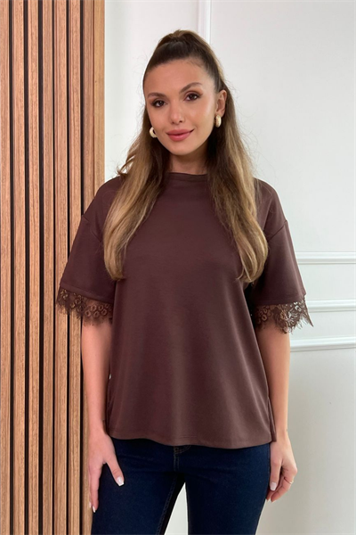 Sırt Dantel T-Shirt - KAHVERENGİ