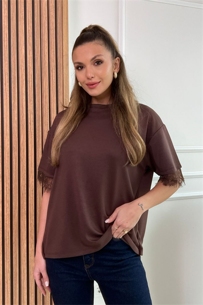 Sırt Dantel T-Shirt - KAHVERENGİ