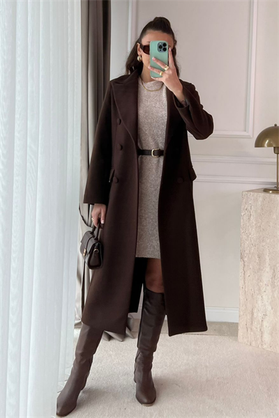 Slim Fit Kaşe Kaban - KAHVERENGİ
