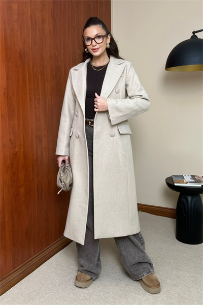 Slim Fit Kaşe Kaban - KREM