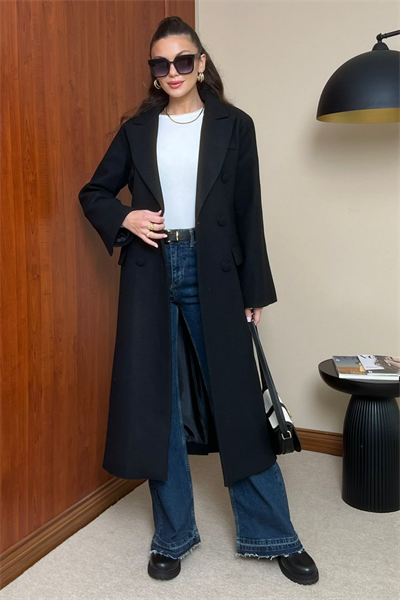 Slim Fit Kaşe Kaban - SİYAH