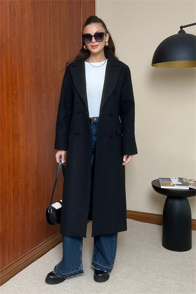 Slim Fit Kaşe Kaban - SİYAH