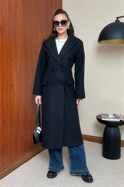 Slim Fit Kaşe Kaban - SİYAH