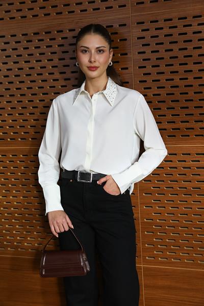 Taş Detaylı Gömlek - BEYAZ