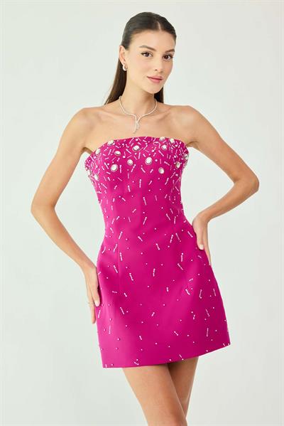 Taş İşleme Mini Abiye - FUŞYA