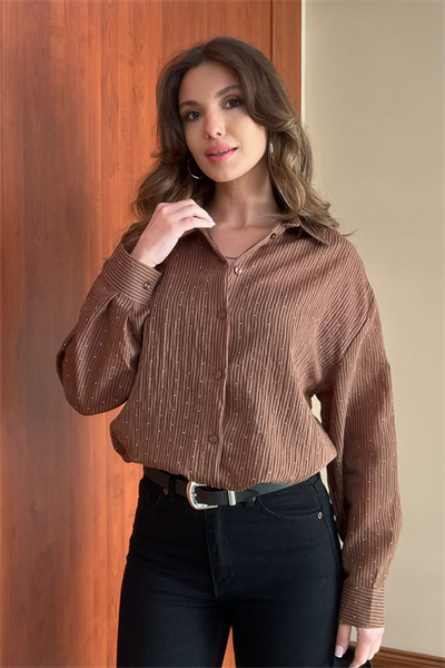 Taşlı Çizgili Gömlek - KAHVERENGİ