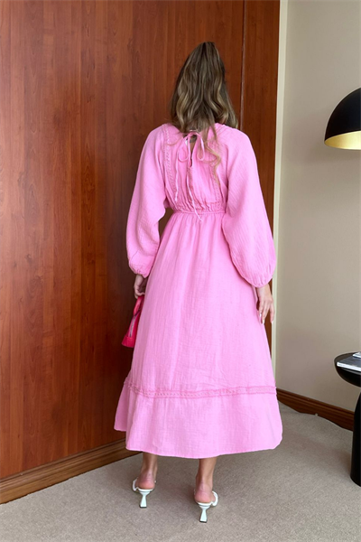 Taşlı Müslin Elbise - PEMBE