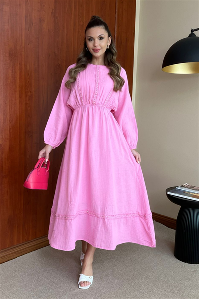 Taşlı Müslin Elbise - PEMBE