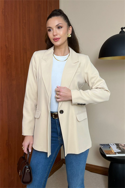 Tek Düğme Blazer Ceket - KREM