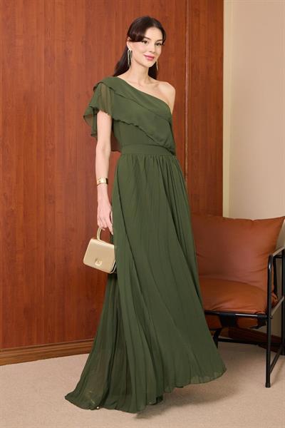 Tek Omuz Şifon Elbise - HAKİ