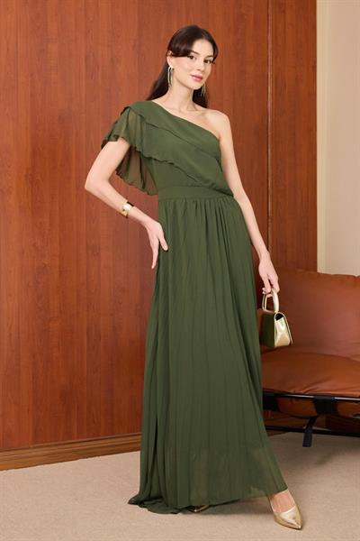 Tek Omuz Şifon Elbise - HAKİ