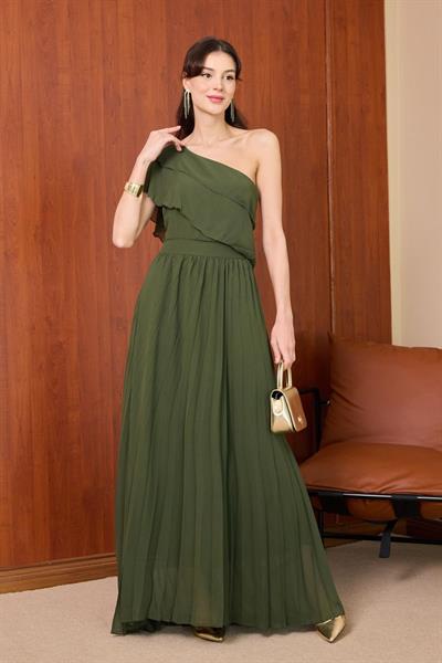 Tek Omuz Şifon Elbise - HAKİ