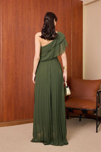 Tek Omuz Şifon Elbise - HAKİ