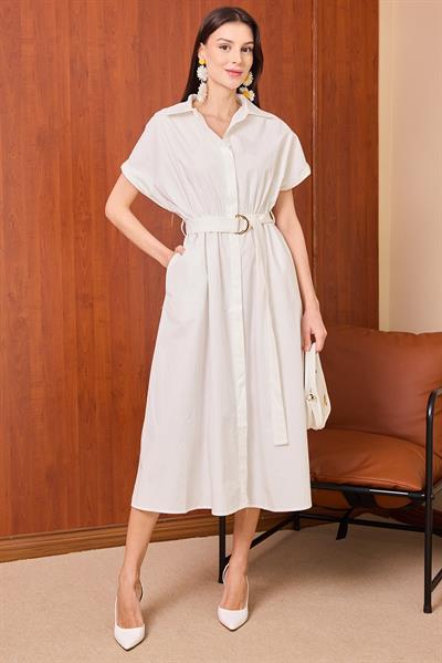 Tokalı Gömlek Elbise - BEYAZ