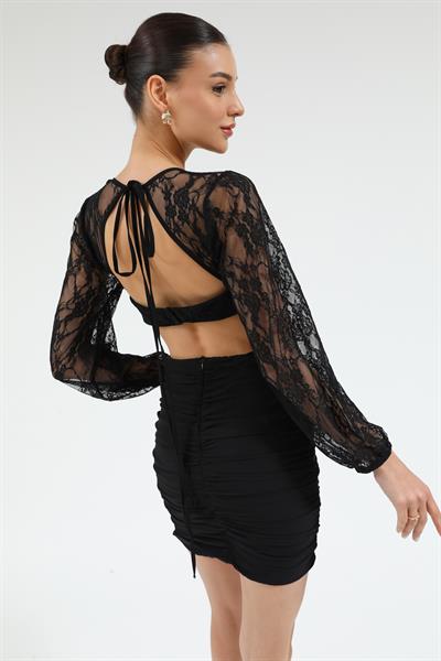 Transparan Kol Elbise - SİYAH