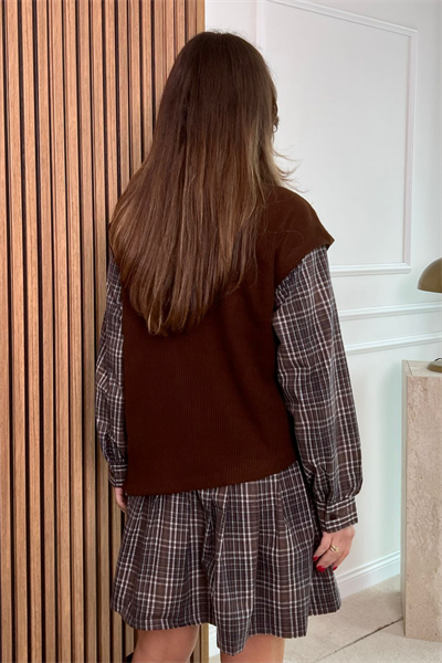 Trikolu Ekoseli Elbise - MAVİ