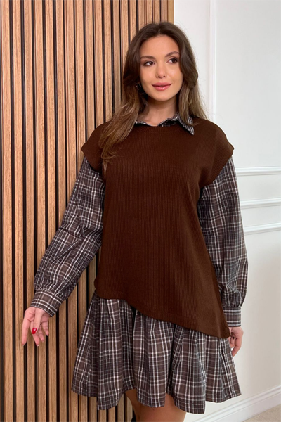 Trikolu Ekoseli Elbise - MAVİ