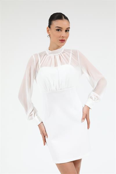 Üst Şifon Mini Elbise - BEYAZ