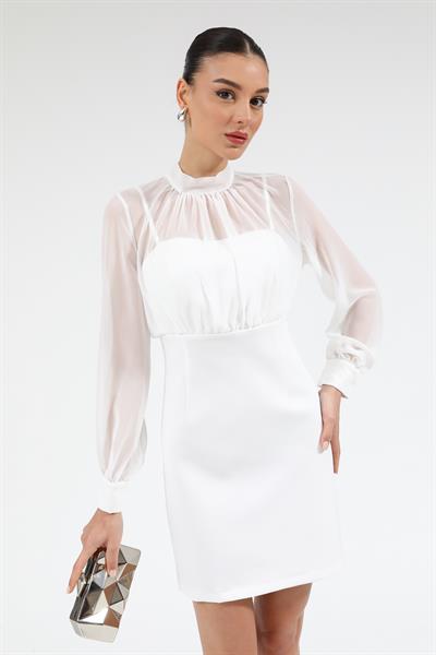 Üst Şifon Mini Elbise - BEYAZ