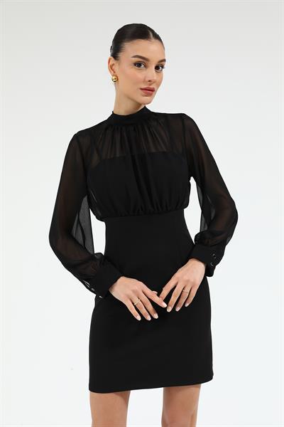 Üst Şifon Mini Elbise - SİYAH