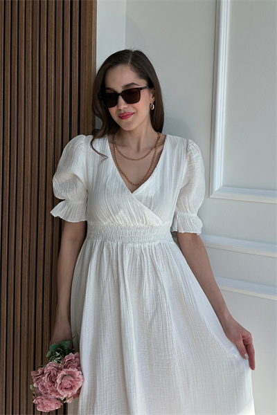 Uzun Müslin Elbise - BEYAZ