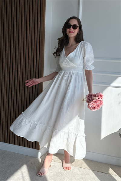 Uzun Müslin Elbise - BEYAZ