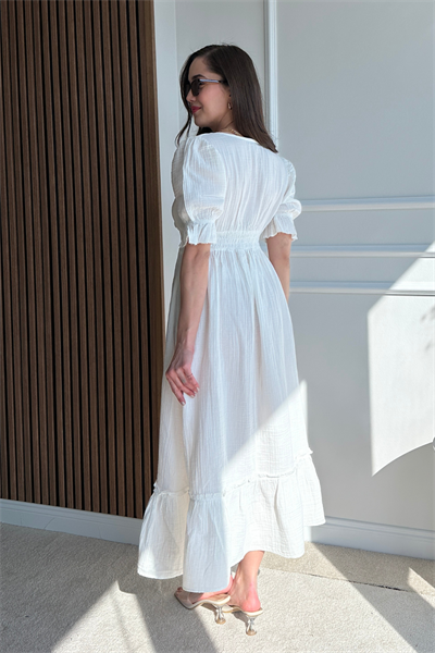 Uzun Müslin Elbise - BEYAZ