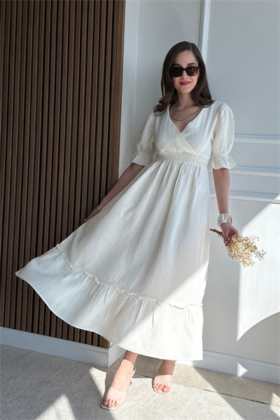 Uzun Müslin Elbise - KREM