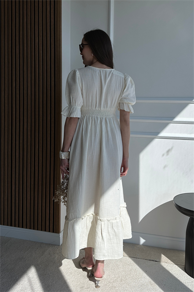 Uzun Müslin Elbise - KREM