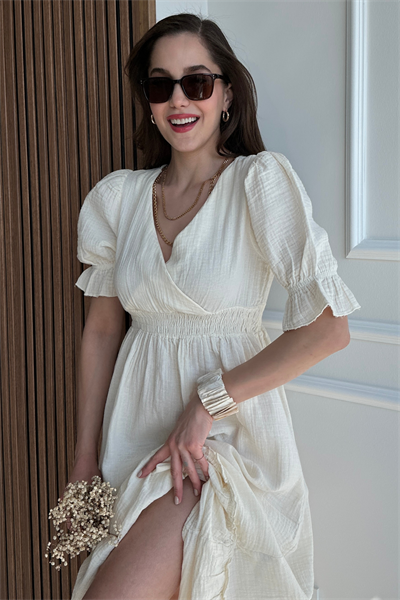 Uzun Müslin Elbise - KREM