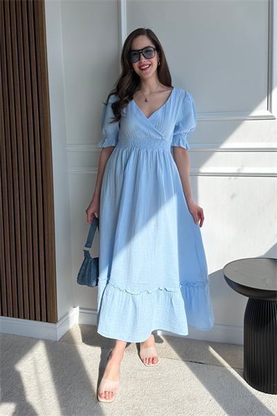 Uzun Müslin Elbise - MAVİ