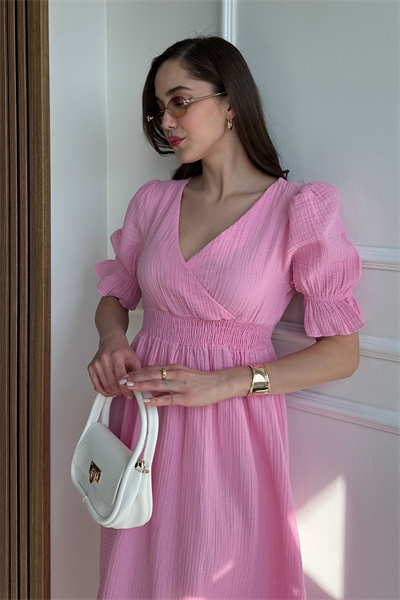 Uzun Müslin Elbise - PEMBE