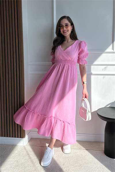 Uzun Müslin Elbise - PEMBE