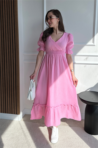 Uzun Müslin Elbise - PEMBE